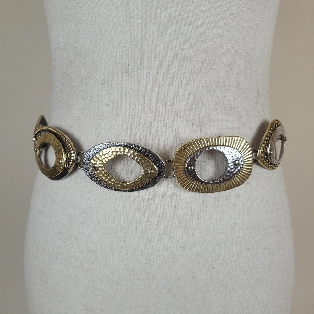Chico's Belt OS Gold Silver Mixed Metal Hammered Oval Link Chain Adjustable Boho
